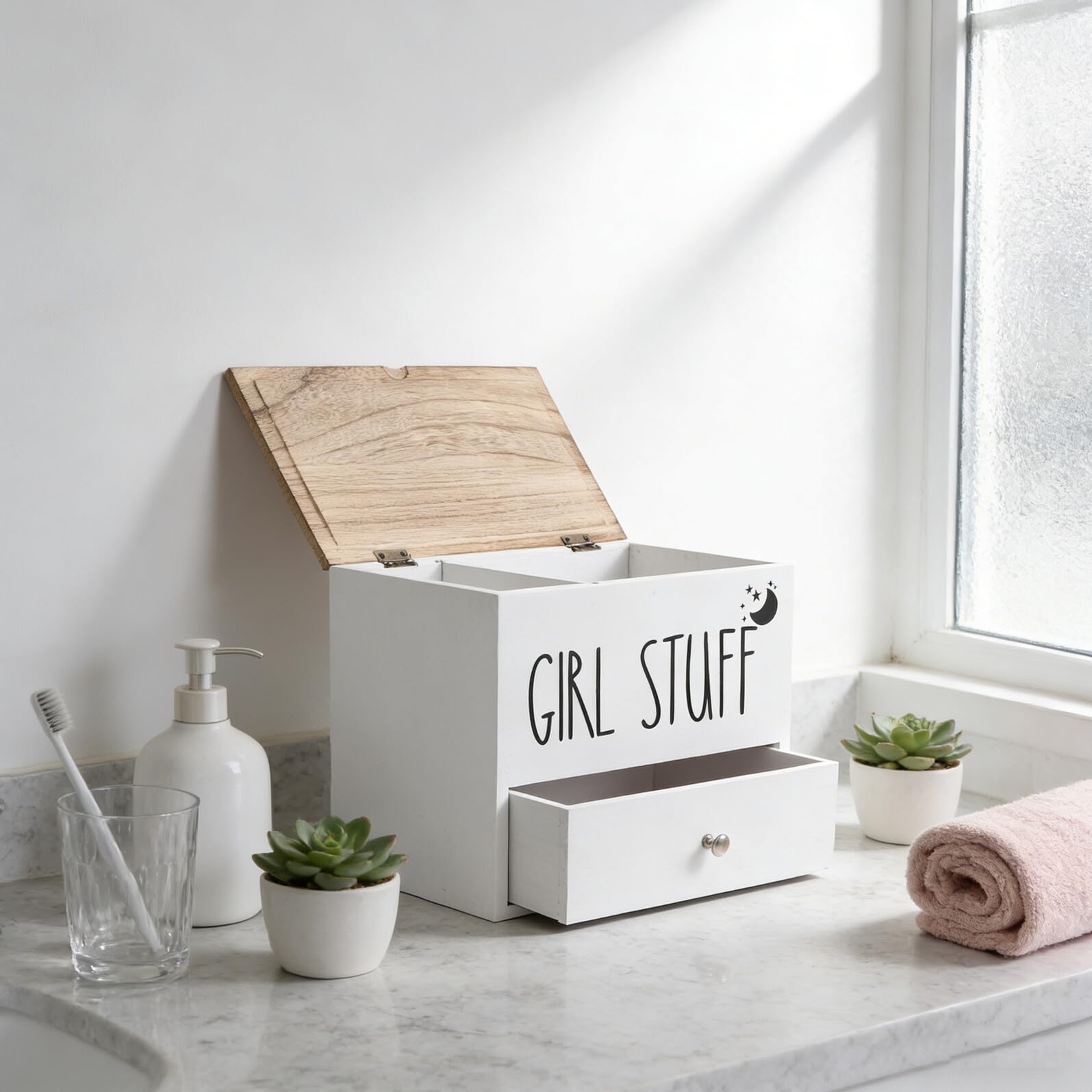 Porta Assorbenti per Bagno con Coperchio in Legno Bianco, Organizer per Assorbenti Igienici con Protezione Antiumidità e Ampia Capacità, Contenitore Compatto per Prodotti