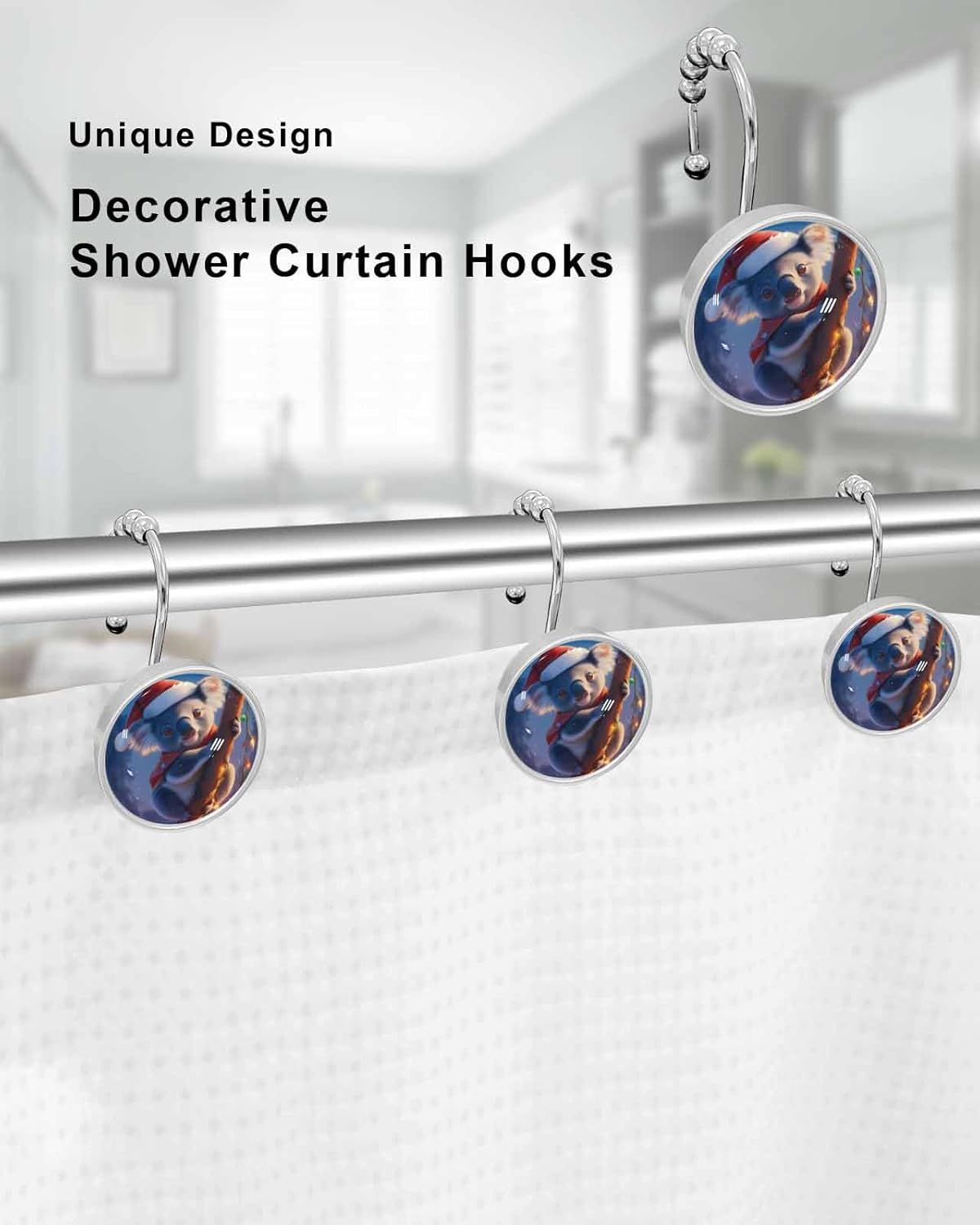 Shower Curtain Hooks 12 Pcs Winter Christmas Night Koala Santa Hat Xmas Coloured Lamps Stainless Steel Rust Proof Rolling Shower Curtain Rings, Decorative Shower Curtain Hooks Hangers for Bathroom