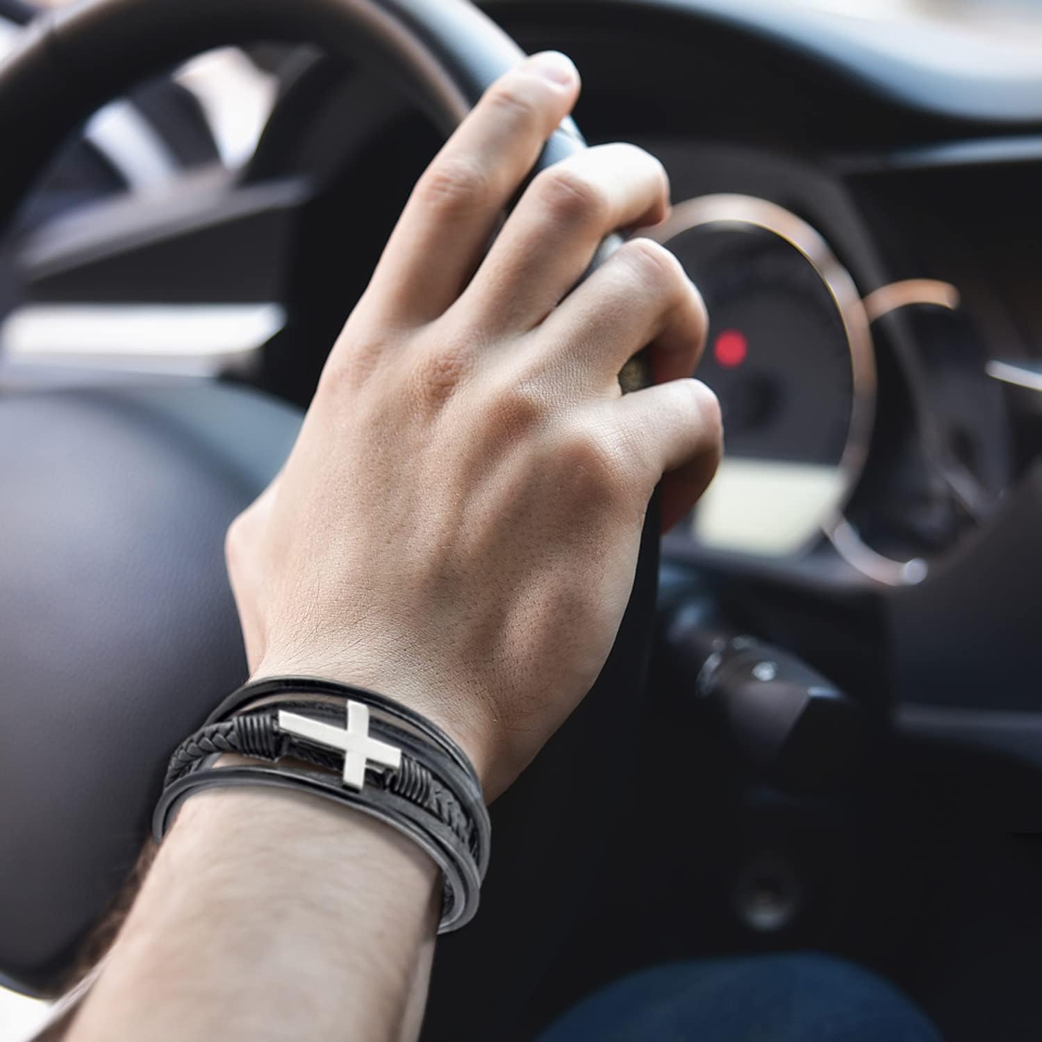 Fahonie Cross Leather Bracelet for Men Women 316L Stainless Steel with 18K Gold Plated Christ Jesus Multi-layer Handmade Christian Bracelet,7.5/8/9 Inches - Image 3