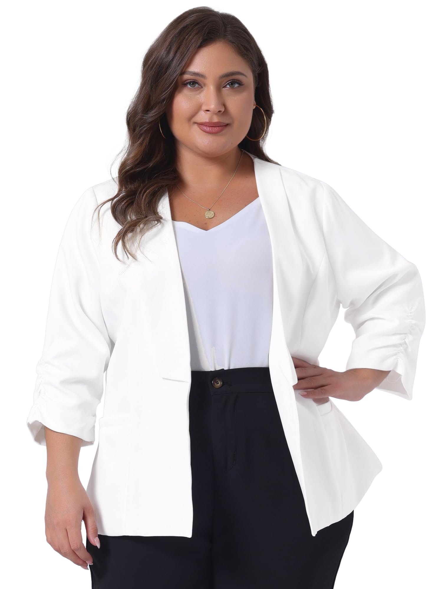 Photo 1 of uxcell Women's Plus Size Blazers Shawl Collar Open Front 3/4 Ruched Sleeve Work Office Lightweight Blazers 2X White