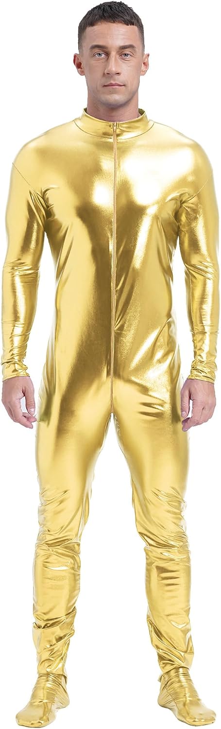ranrann Men's Metallic Bodysuit Zentai Jumpsuits Shiny One Piece Spandex Zipper Body Suit Clubwear