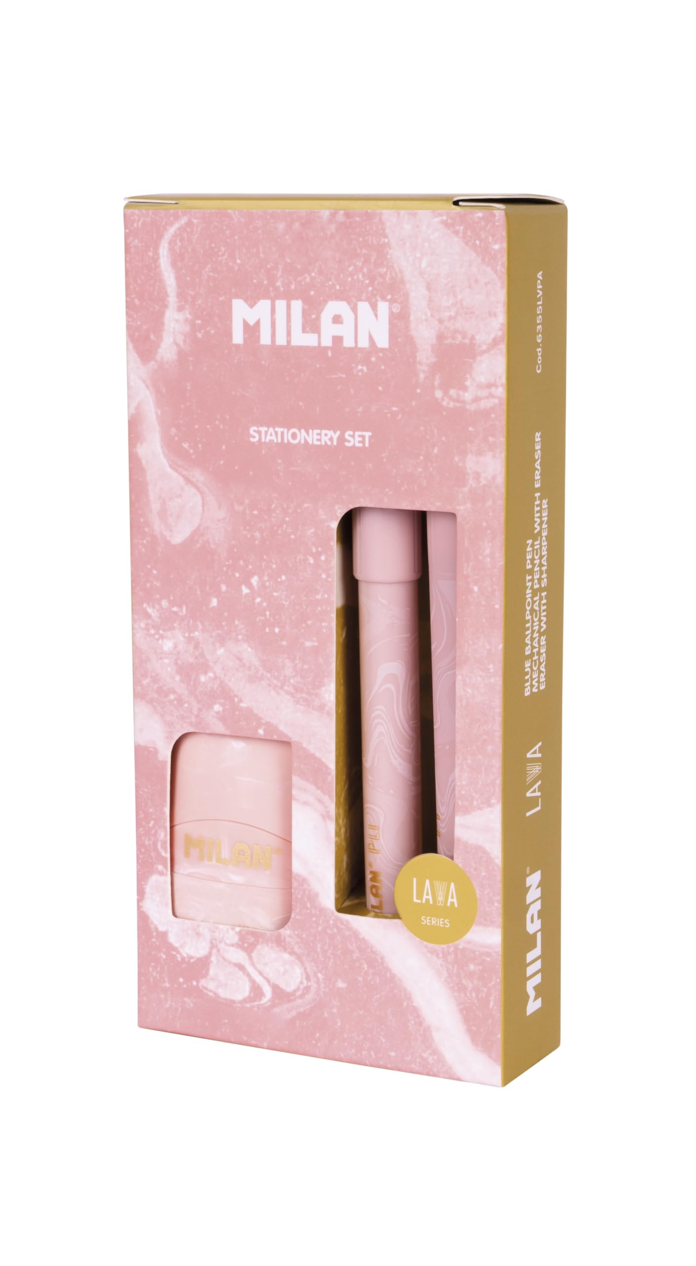 MILAN® Lava Series Gift Box with P1 Ballpoint Pen, PL1 Mechanical Pencil 0.5mm HB and CAPSULE Sharpener, Pink