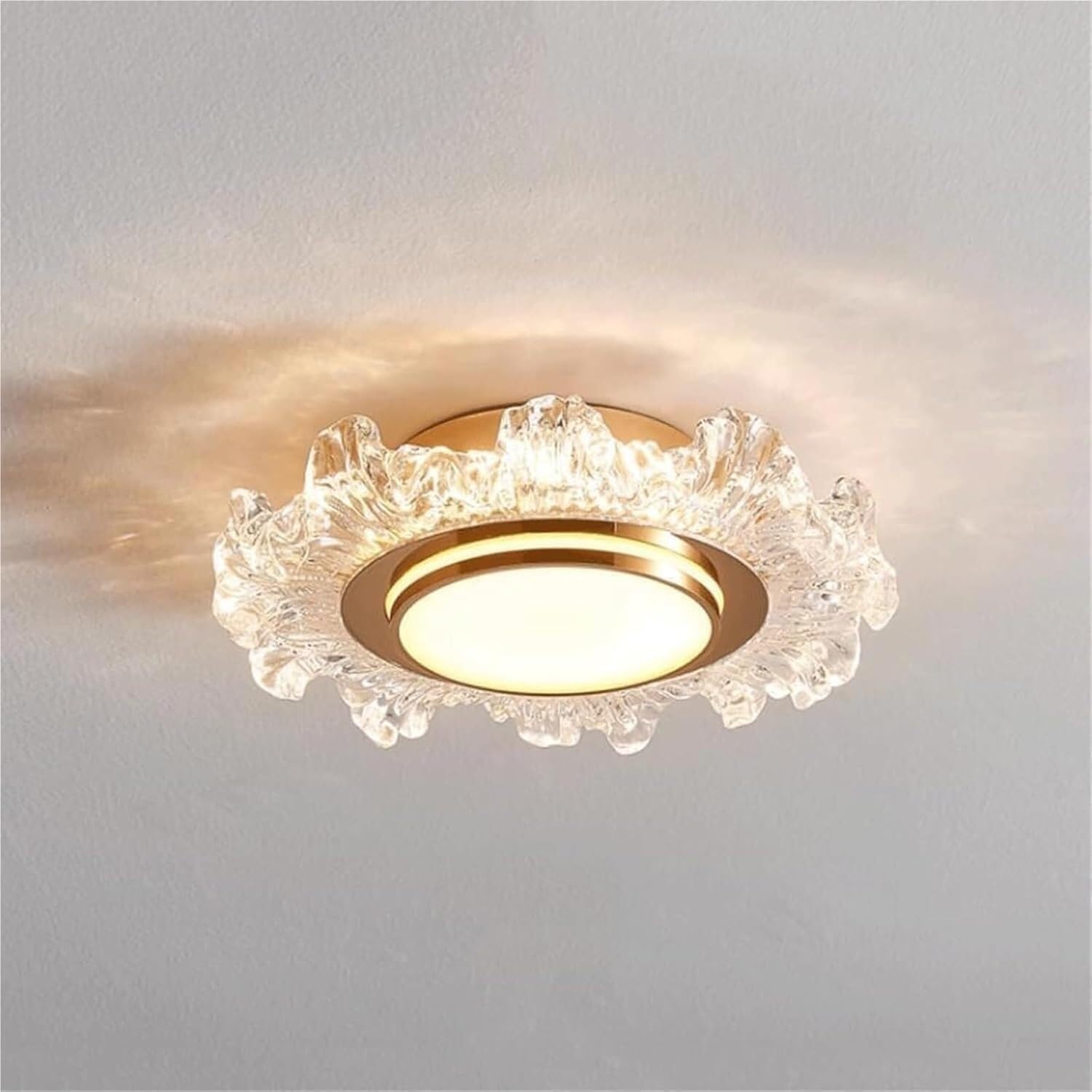 Light Luxury Modern Cream Style Bedroom Ceiling Light, LED 3-color Dimming Gold Tone Finish Acrylic Shade Ceiling Lamp, Small Flush Mount Lighting Fixtures, For Closet Hallway Kitchen Bedroom