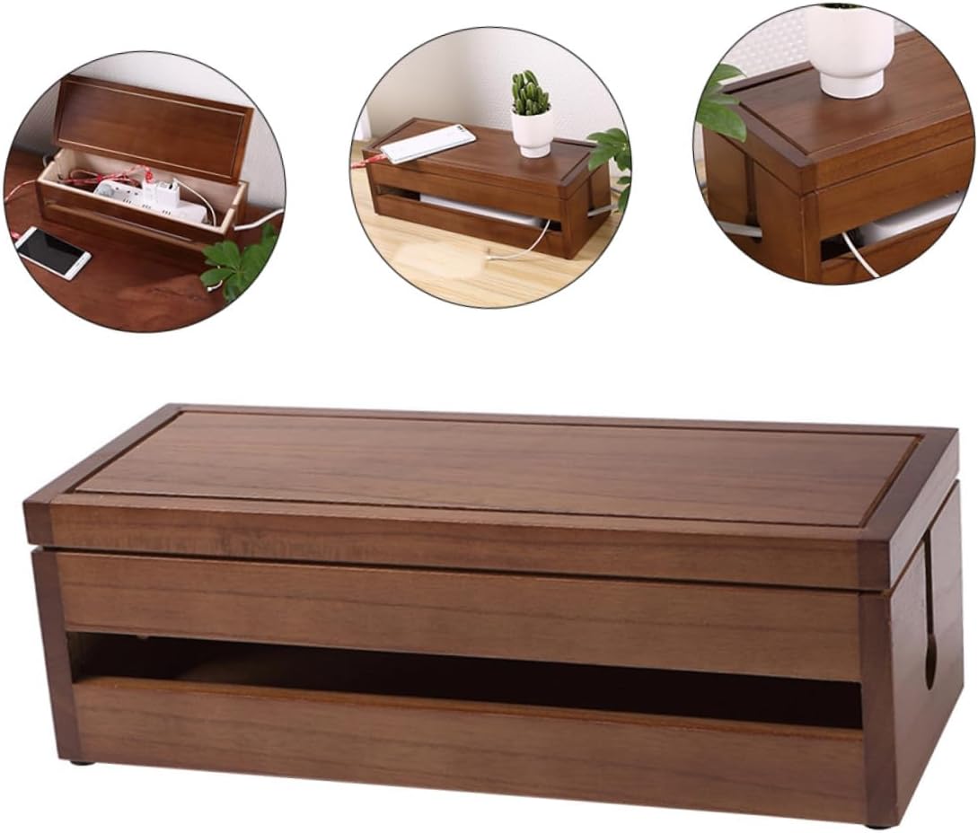 KICHOUSE 1pc Travel Cord Organizer Large Opening Socket Box Wood Cable Management Power Plug Arrangement Case