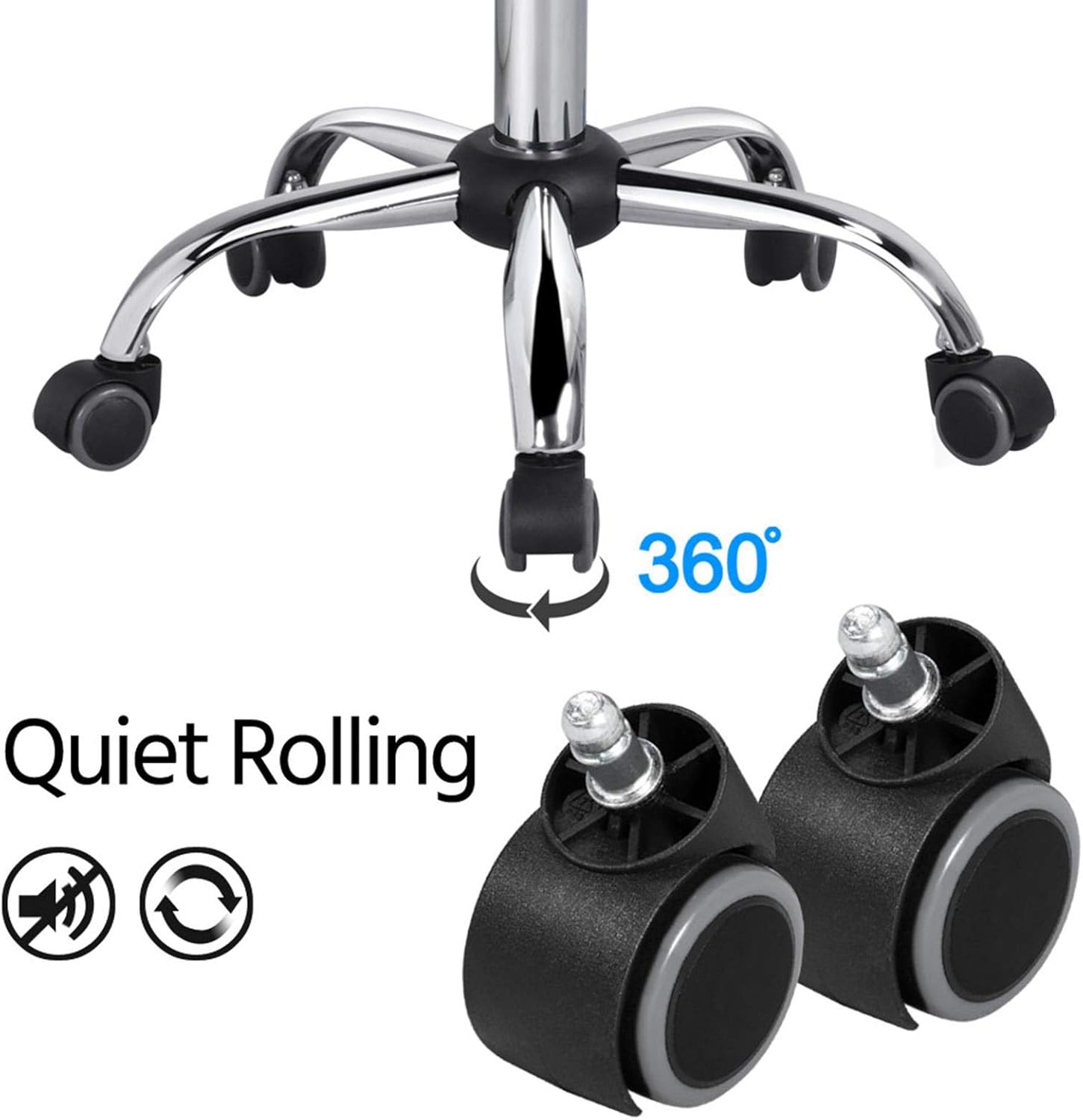 Diagram highlighting features: soft padded seat, elegant design, height adjustment lever, and 360 degree swivel casters.