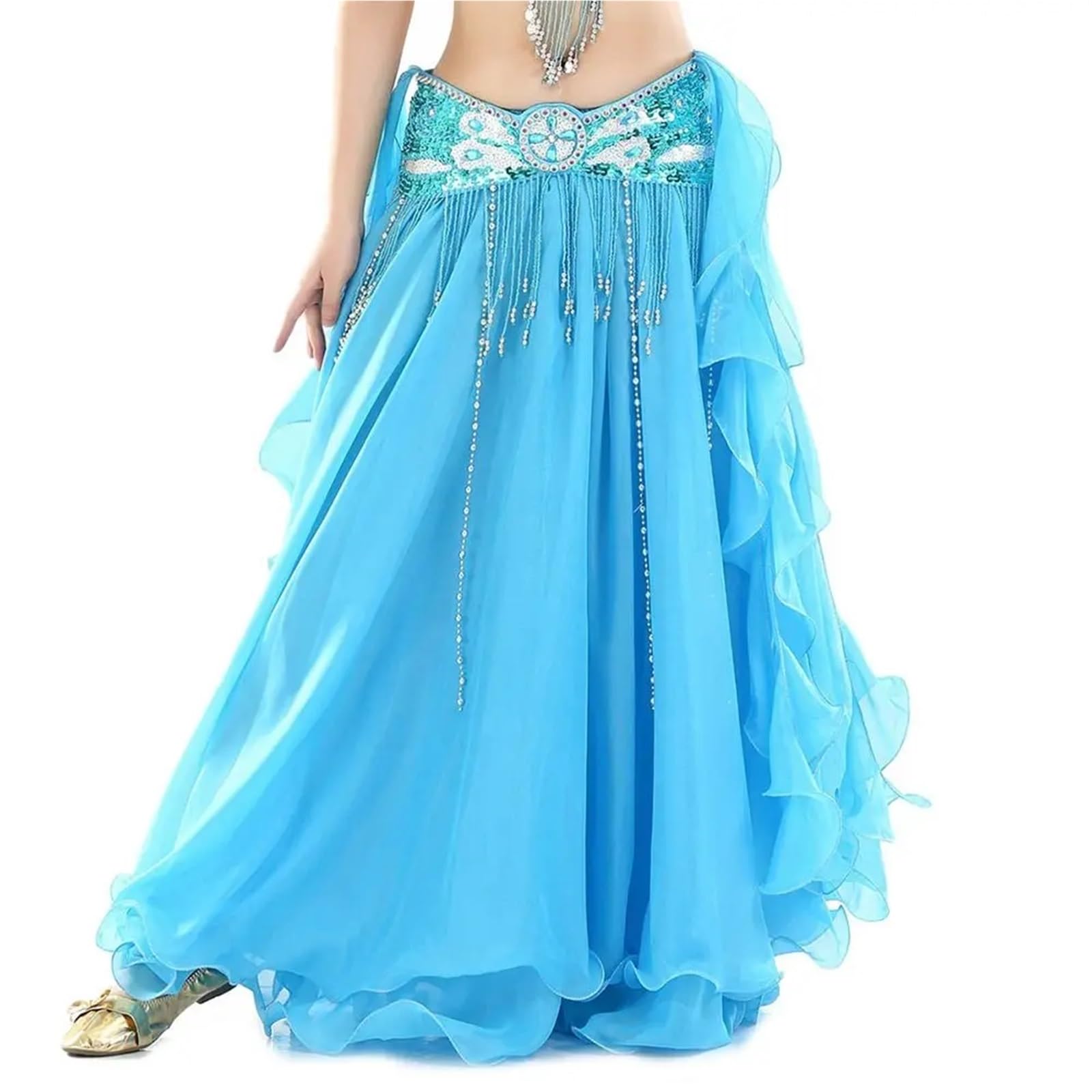 TRRYUIP Belly Dance Skirt Belly Dancing Women Chiffon Skirt Shiny Sequins Tassels Show Costumes(Lake blue)