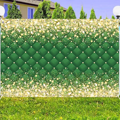 Image of Birthday Decorations Backdrop 8 x 6 ft Green Golden Happy Birthday Banner Large Birthday Party Background for Men Women Kids Photo Shoot Supplies (Green, 8 * 6 ft)