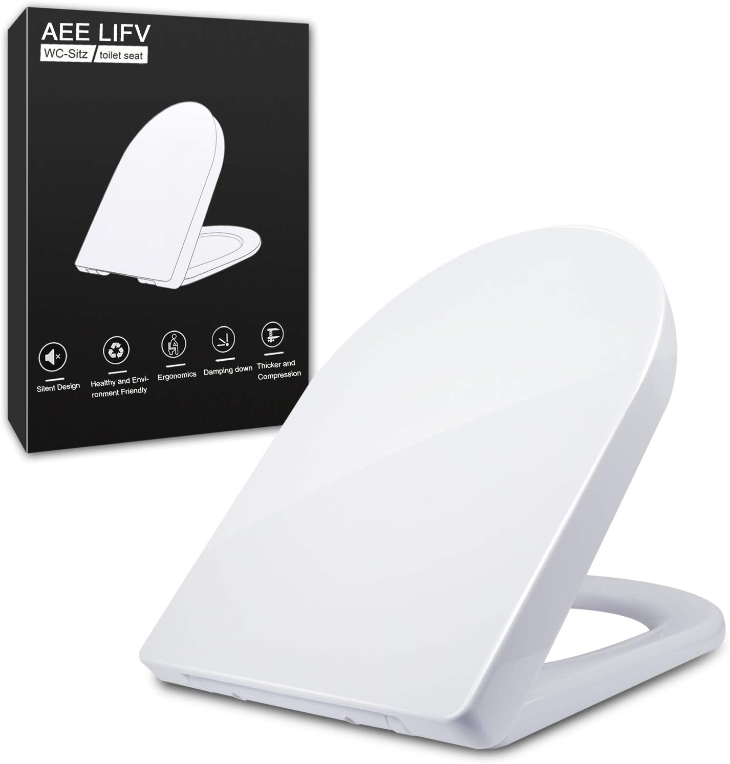 AEELIFV D-Shape Toilet Seat-WC Bathroom Slow Soft Close White Toilet Seat, Ergonomic Design with Quick Release Stainless Steel Hinges
