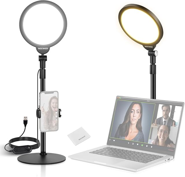 NEEWER Basics 7" Luminaire de bureau pour enregistrement vidéo, 10W Éclairage de la clé plein écran avec support / support de téléphone / tenue de nettoyage pour iPhone Conférence vidéo sur ordinateur portable Vlog Live Streaming, R06