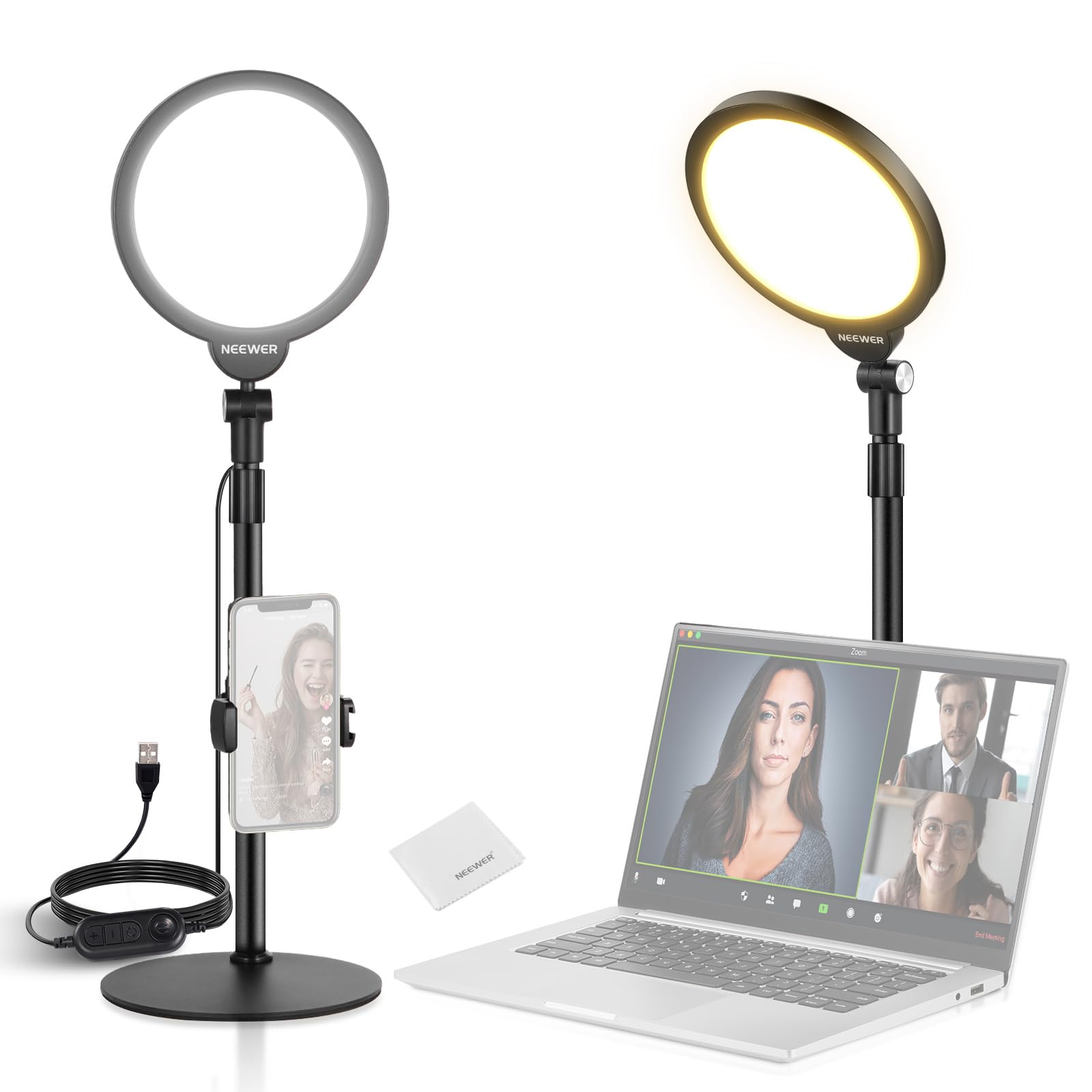 NEEWER Basics 7” Ring Luce Video da Tavolo, 10W Key Light a Schermo Intero Dimmerabile con Supporto/Portatelefono/Panno Pulizia per iPhone Computer Laptop Vlog Foto Sreaming Live Videoconferenza, R06