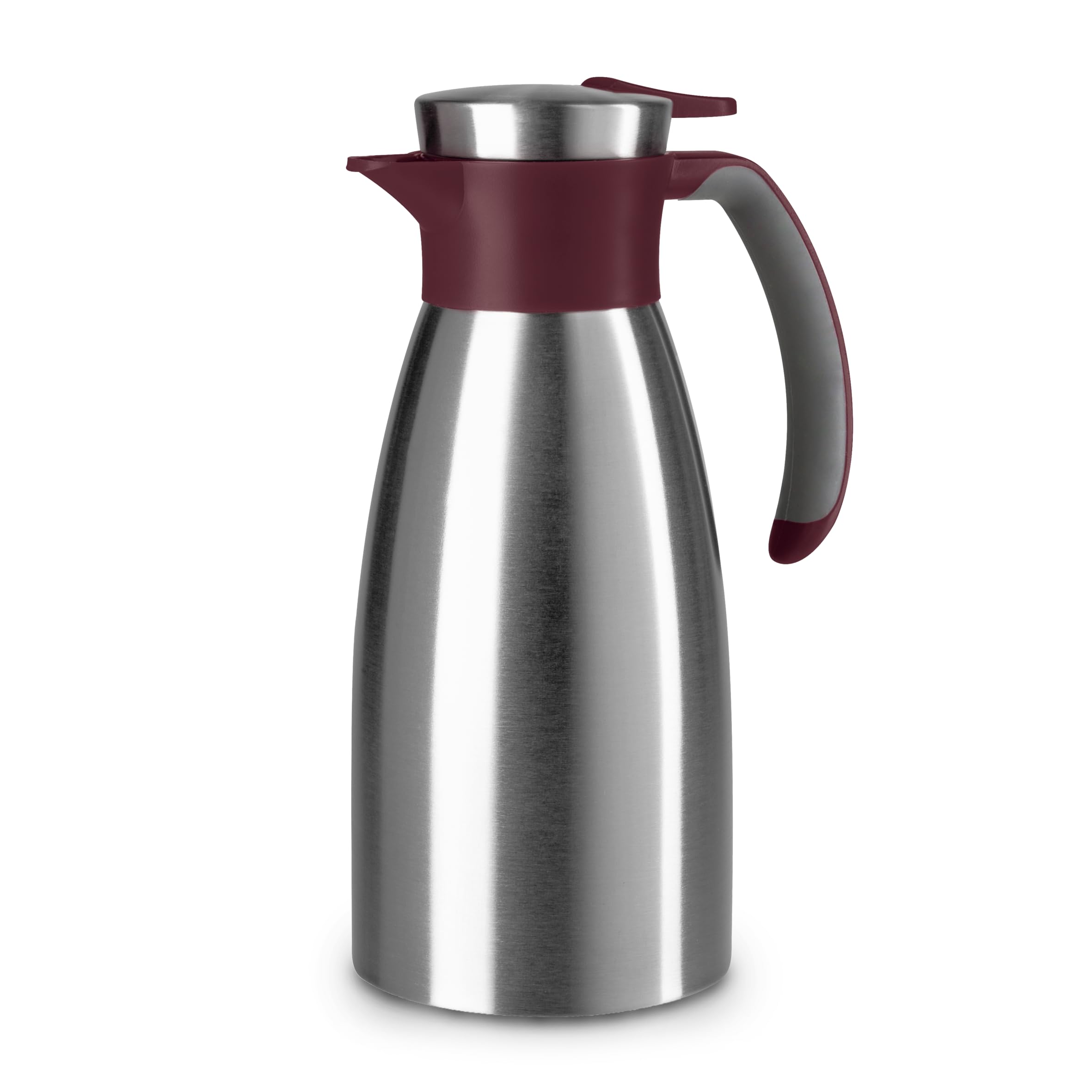 Emsa Soft Grip Isolierkanne, 1 Liter, Edelstahl, 12 Stunden heiß + 24 Stunden kalt, Auslaufsicher, Rutschfester Griff, Farbe Weinrot, N4120200