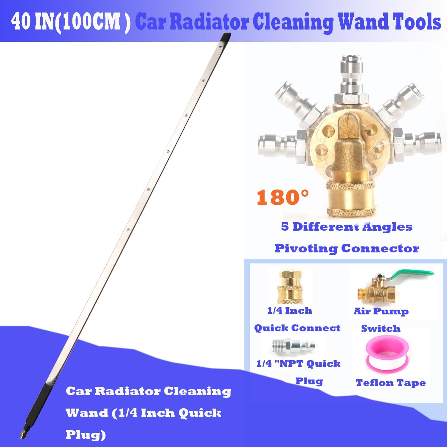40 Inch Pressure Washer Wand for Car Radiator Cleaning Tools, Car Water Tank Cleaning Wand for Pressure Washer & Pressure Air Pump Flush Radiator Cleaning Wand Power Washer Wand with 6 Nozzle Tips
