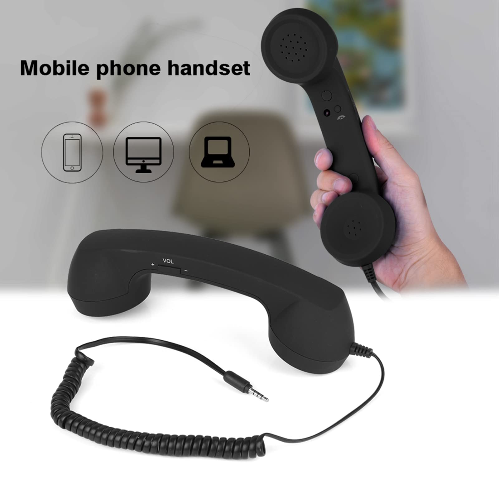 Słuchawki telefoniczne w stylu retro, 3,5 mm, antyradiacyjny, przewodowy odbiornik telefonu komórkowego z mikrofonem do telefonu komórkowego, smartfona (czarne)