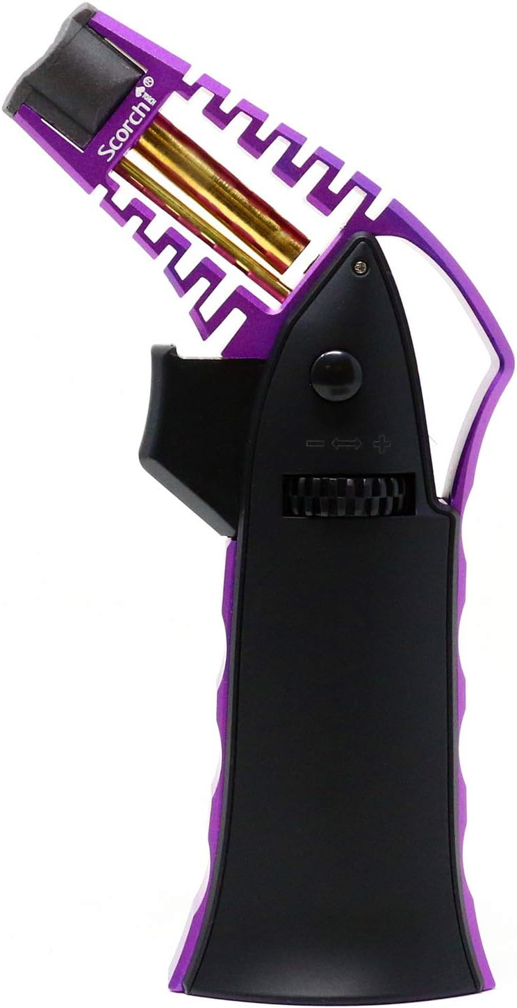 CNC Machined 6.75" Tall Handheld Aluminum Flame Adjustable Butane Refillable Torch In Gift Box (Black Purple)