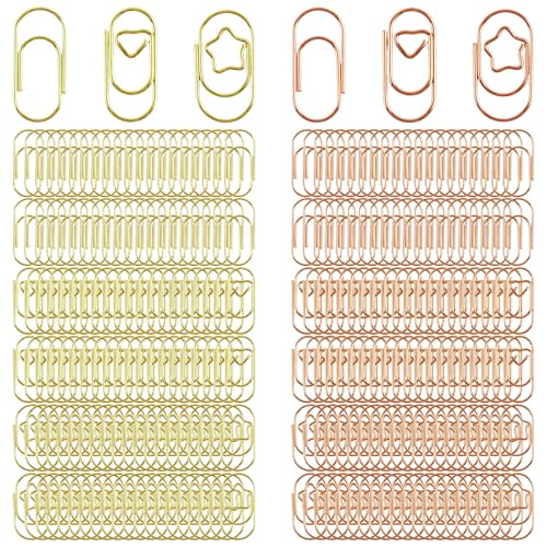 Disnace 300 Piezas Clips de Papel de Metal, Mini Clips de Color, En forma de Corazón Estrella Gordito Clips, Clips Oficina para Clasificar y Organizar Papeles, Escuela, Oficina, Casa (Oro, Oro Rosa)