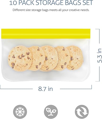 Miniatura 4 de Paquete de 10 bolsas de almacenamiento reutilizables, de 8.7 x 5.3 pulgadas, aptas para lavavajillas, bolsas de silicona para marinar carnes,