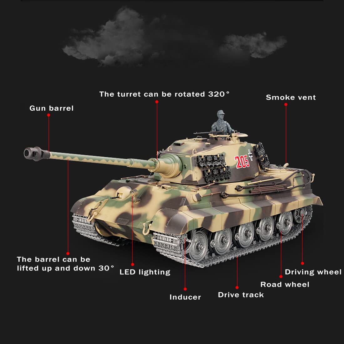 Kisss Telecomando tedesco Henschel Tiger King Battle Tank, 1:16 2.4G RC Modello di veicolo militare con luci e suoni per fan militari e adulti