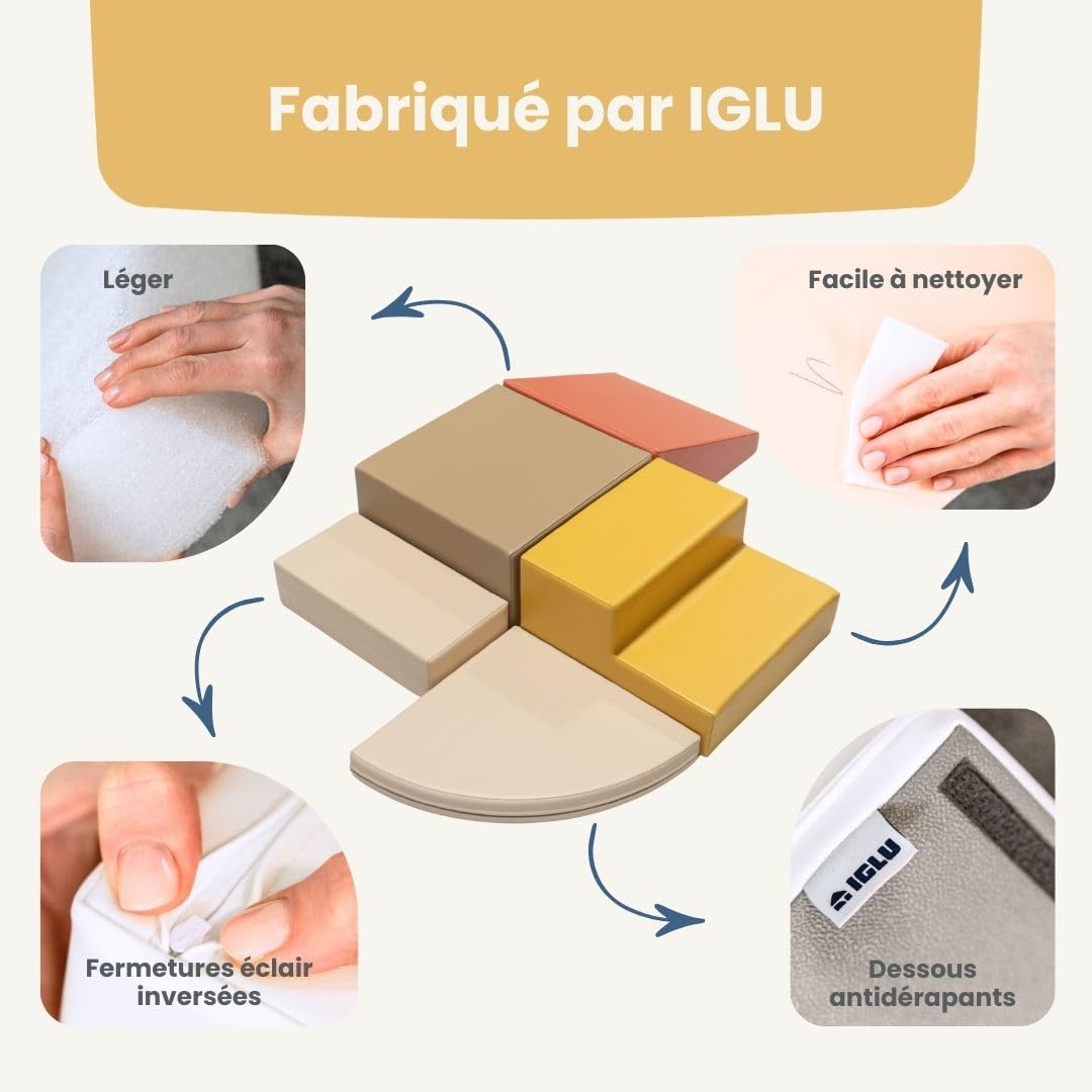 IGLU Soft Play Corner Climber - Parcours de Motricité 5 Modules XL en Mousse pour Bébé et Enfant - Blocs de Construction Souples Jeu d’Éveil Montessori et Toboggan d’Intérieur (Automne Pastel)