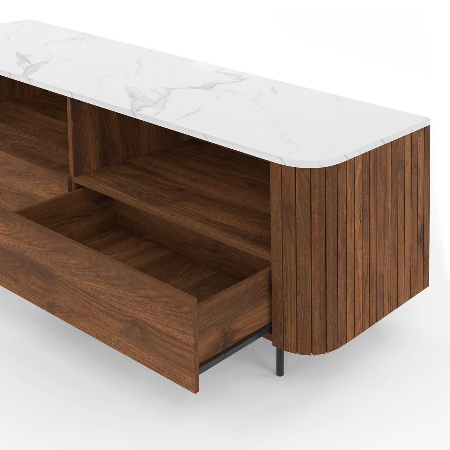 IDMarket - Meuble TV 140 cm Marla Noyer Effet Lattes 2 tiroirs et Plateau marbre Blanc Alaska