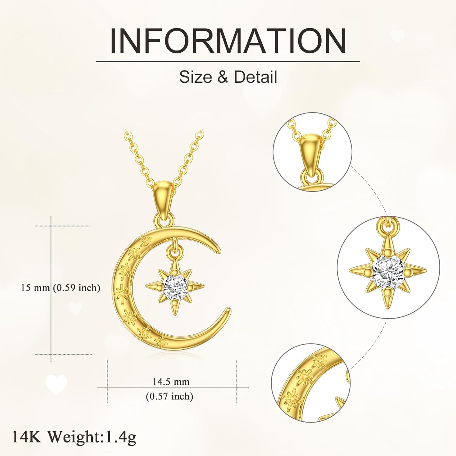 DOVRAN 14K Yellow Gold Moon Star/Sun Necklace for Women Solid Real Gold Moissanite/Opal Pendant Jewelry Christmas Gifts for Wife Mom - Image 6