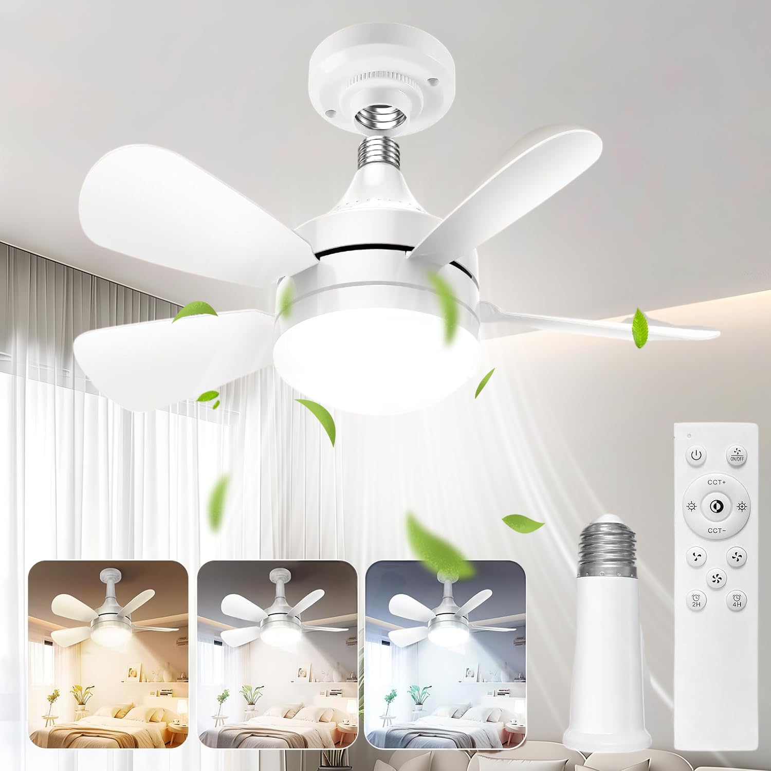 Exrp Socket Ceiling Fans with Lights and Remote - Socket Fan light with Dimmable Led Light Bulb, 3 Colors 3000K-6500K, 2000 Lumens, Screw in Small Ceiling Fan for Bedroom Living Room Kitchen Garage