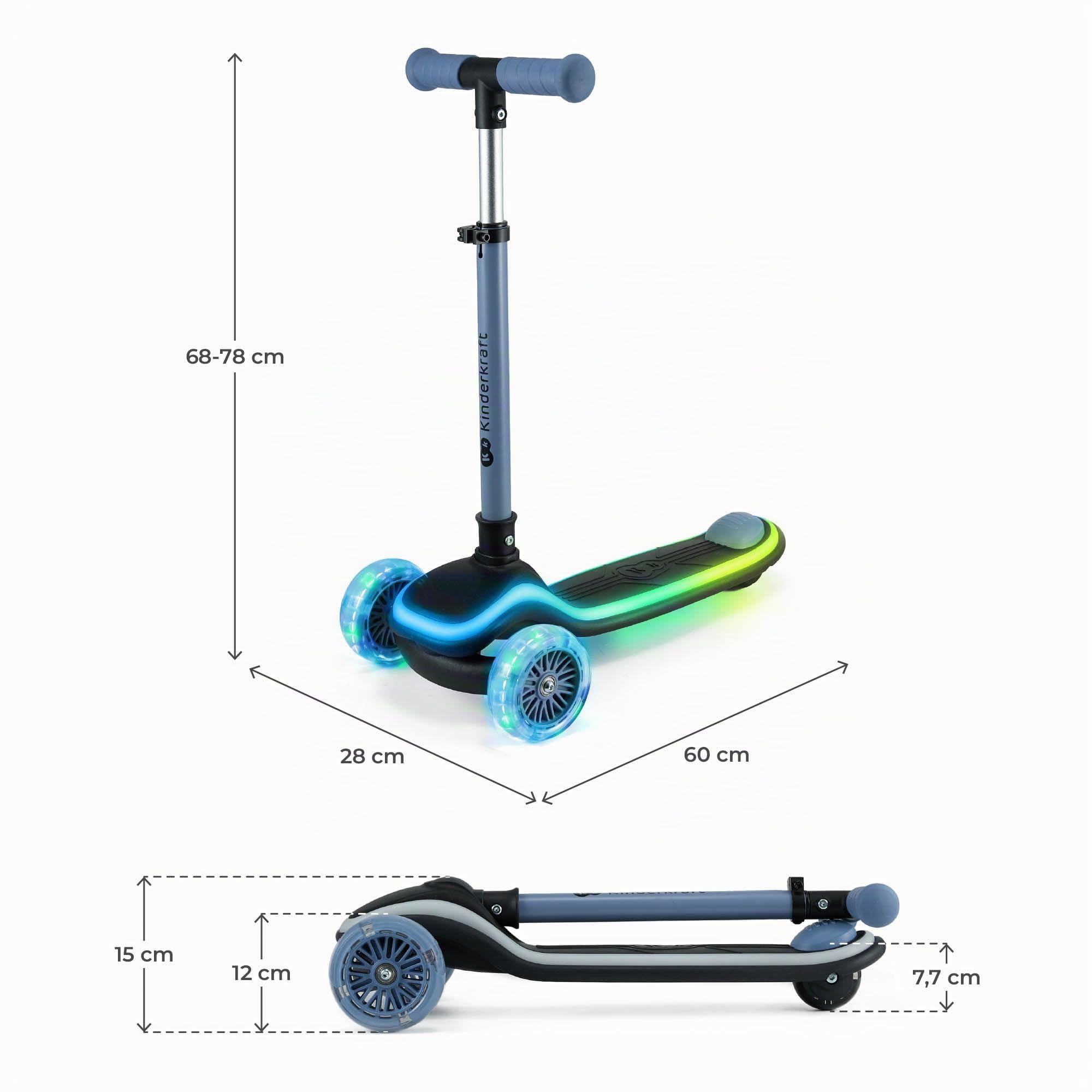 Kinderkraft RAKET Trottinette pour Enfants de 1 an à 50 kg, Trottinette, Roues LED, Guidon réglable en Hauteur, Design Moderne, Bleu