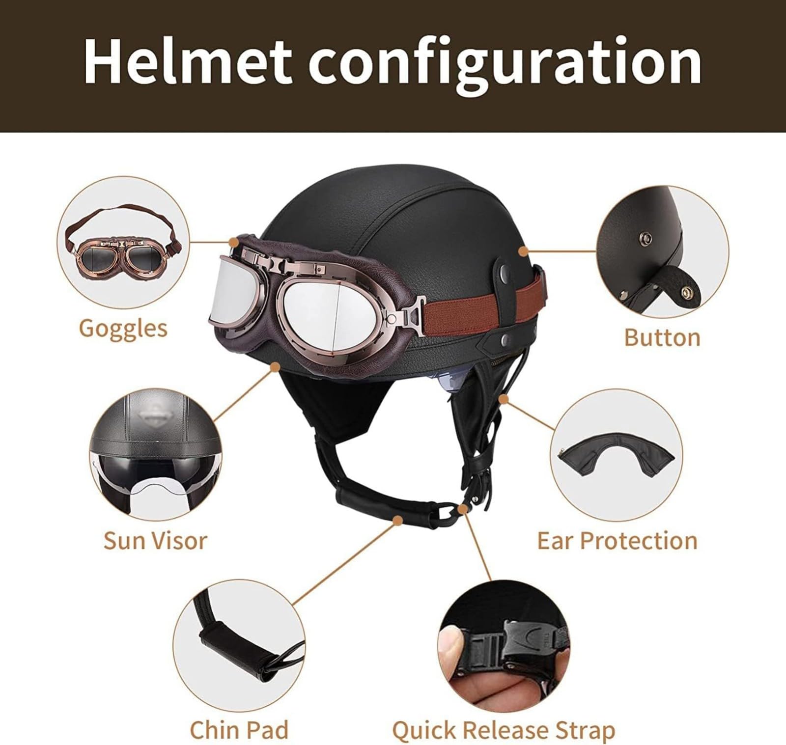 Niemiecki skórzany kask motocyklowy retro otwarty kask z goglami Cruise Scooter Motorower Chopper Jet Zatwierdzony przez ECE dla dorosłych mężczyzn i kobiet
