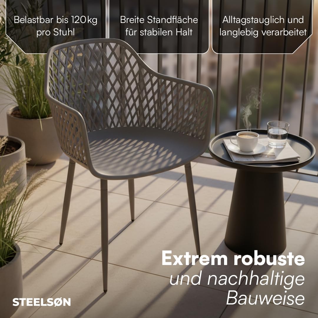STEELSØN Quasira Gartenstühle 6er Set – Gartensessel wetterfest & UV-resistent – Outdoor Stühle für Balkon/Garten/Terrasse – Loungesessel Grau bis 120 kg – Schalenstuhl aus Kunststoff mit Armlehnen