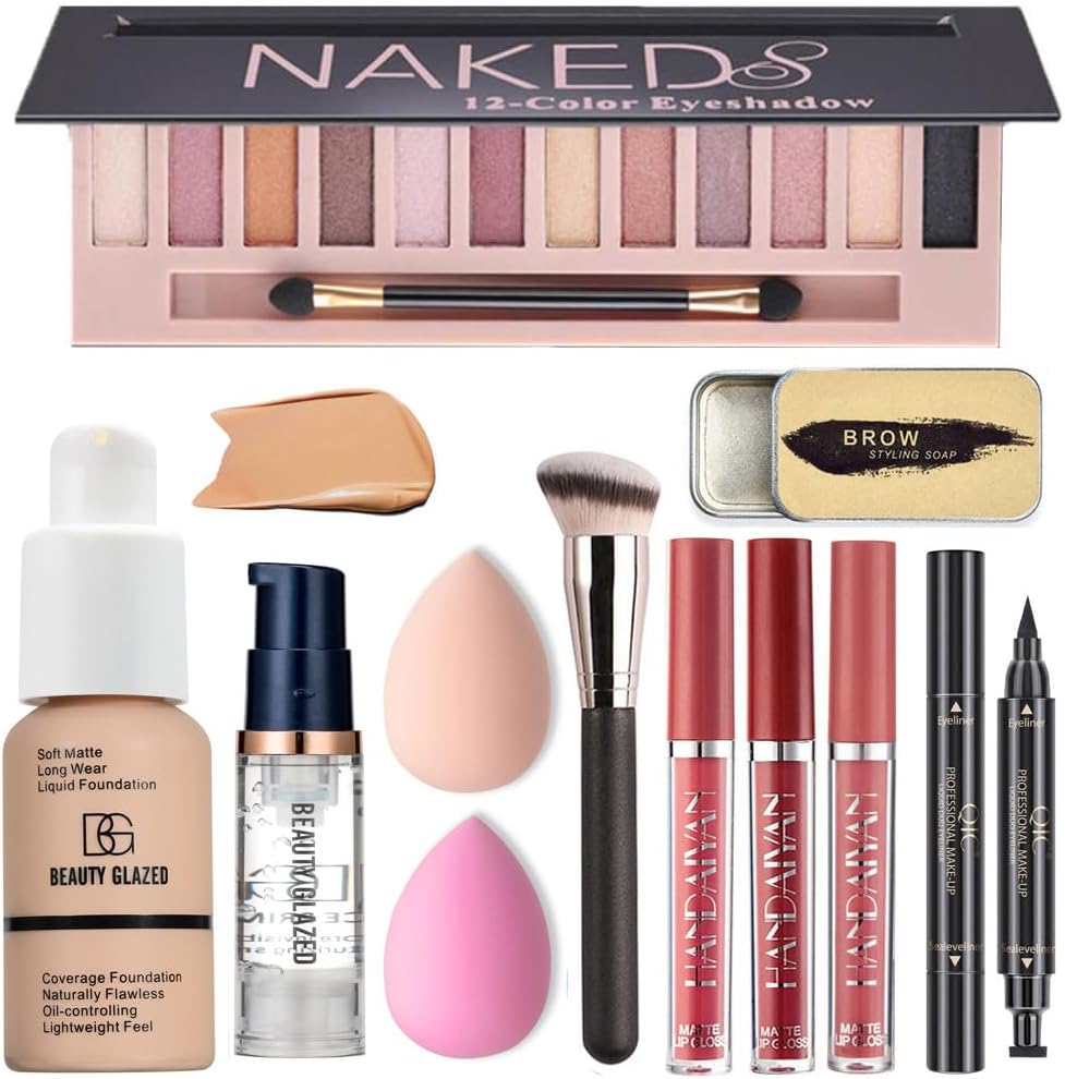 All in One Makeup Kit for Women Full Kit – 12 Color Shimmer Eyeshadow Palette, Buff Beige Foundation, Liquid Lipsticks, Face Primer, Brow Soap, Winged Eyeliner Stamp, Makeup Brush & Sponges Gift Set