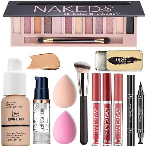 All in One Makeup Kit for Women Full Kit – 12 Color Shimmer Eyeshadow Palette, Buff Beige Foundation, Liquid Lipsticks, Face Primer, Brow Soap, Winged Eyeliner Stamp, Makeup Brush & Sponges Gift Set