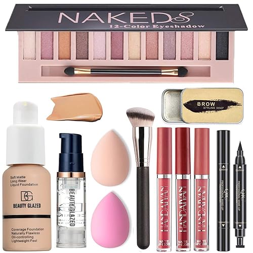 Kit completo de maquillaje todo en uno para mujer – Paleta de sombras de ojos brillantes de 12 colores, base beige buff, lápices labiales líquidos,
