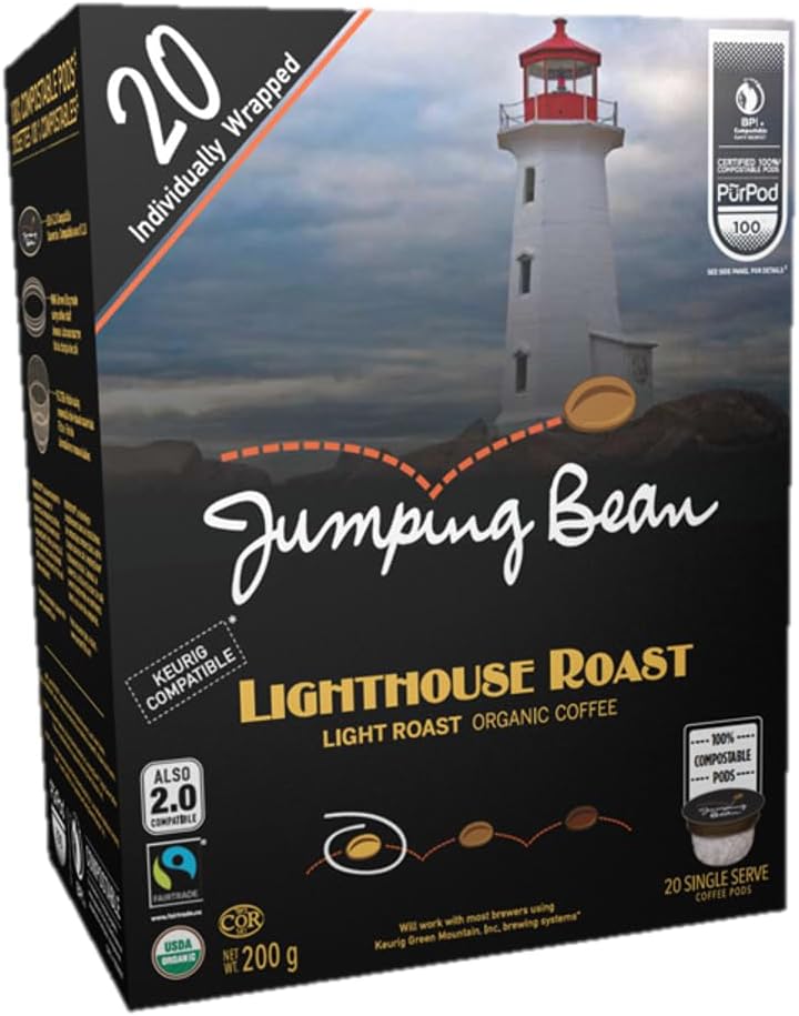 Jumping Bean Light Roast Fairtrade 100% Compostable K-Cup Coffee Pods, Individually Wrapped, ECO2Roast, Premium Coffee, Made in Canada, Non-GMO, Lighthouse Roast , 20 Count Pods