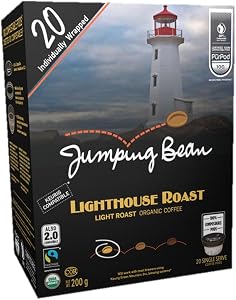 Jumping Bean Light Roast Fairtrade 100% Compostable K-Cup Coffee Pods, Individually Wrapped, ECO2Roast, Premium Coffee, Made in Canada, Non-GMO, Lighthouse Roast , 20 Count Pods