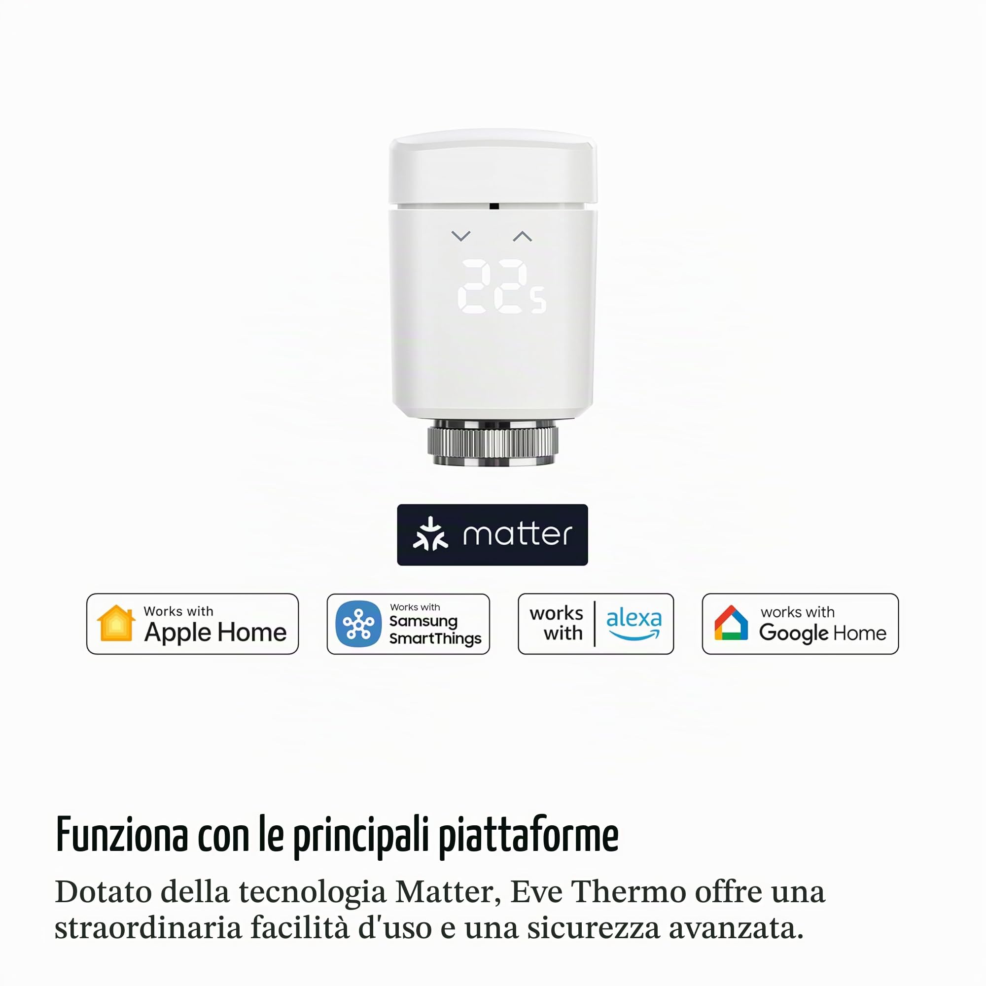 Eve Thermo (Matter, 4ª gen) set di 4: valvola termostatica intelligente, controllo automatico della temperatura, richiede Alexa, Apple Home, SmartThings o Google Home. necessario Thread Border Router