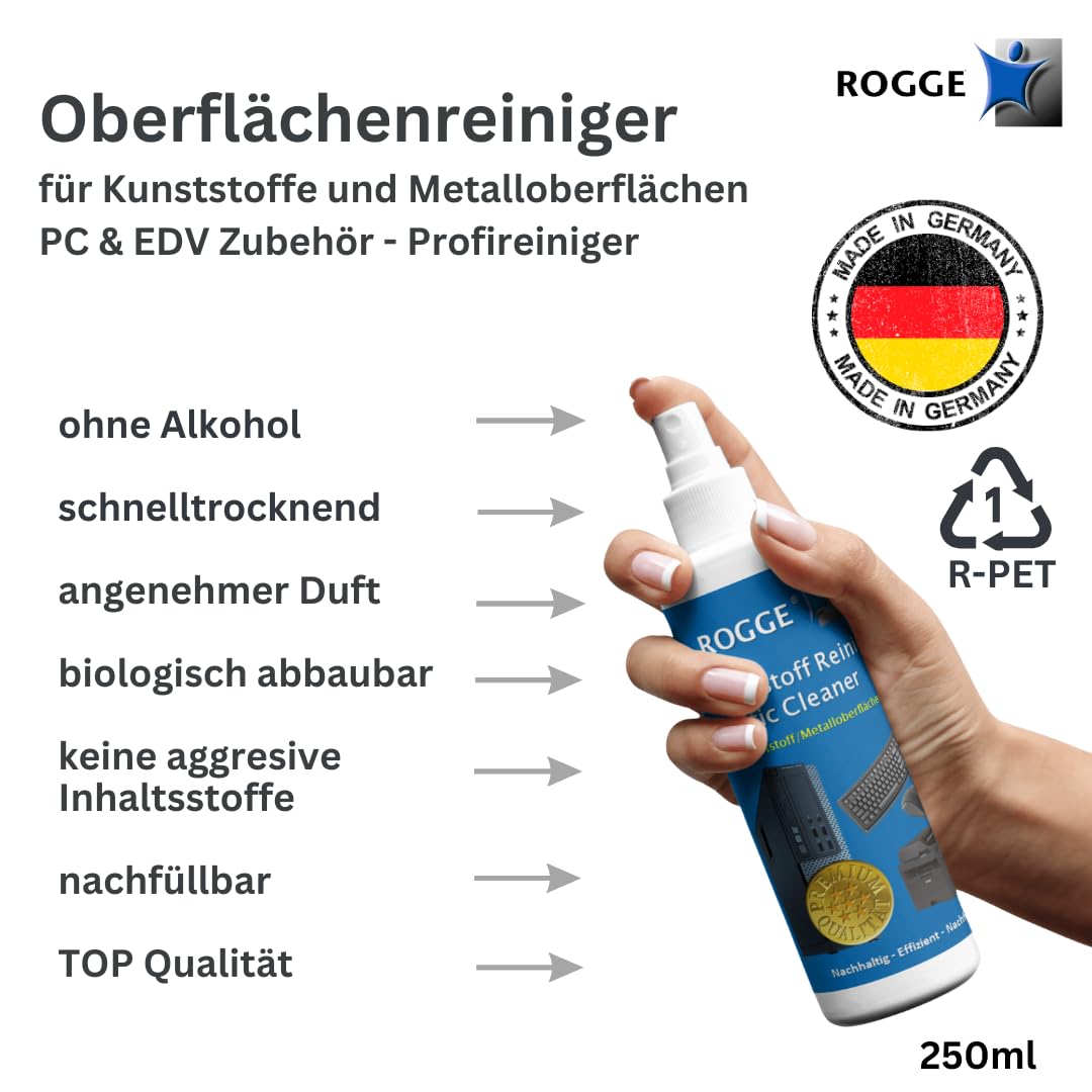 ROGGE PC + zestaw do czyszczenia ekranu 250 ml Screen Cleaner + 250 ml tworzywo sztuczne/czyszczenie klawiatury wraz z 2 x ROGGE Prof. ściereczki z mikrofibry