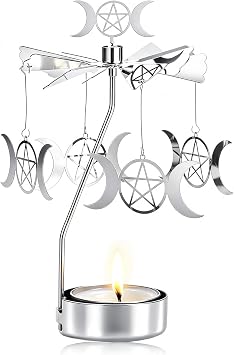 Spinning Tea Light Candle Holder, Triple Moon Tealight Candle Spinner | Silver Rotating Candle Carousel Tealight, Metal Rotary Witch Decor for Altar Tables, Valentines Day, Party Decor Gifts