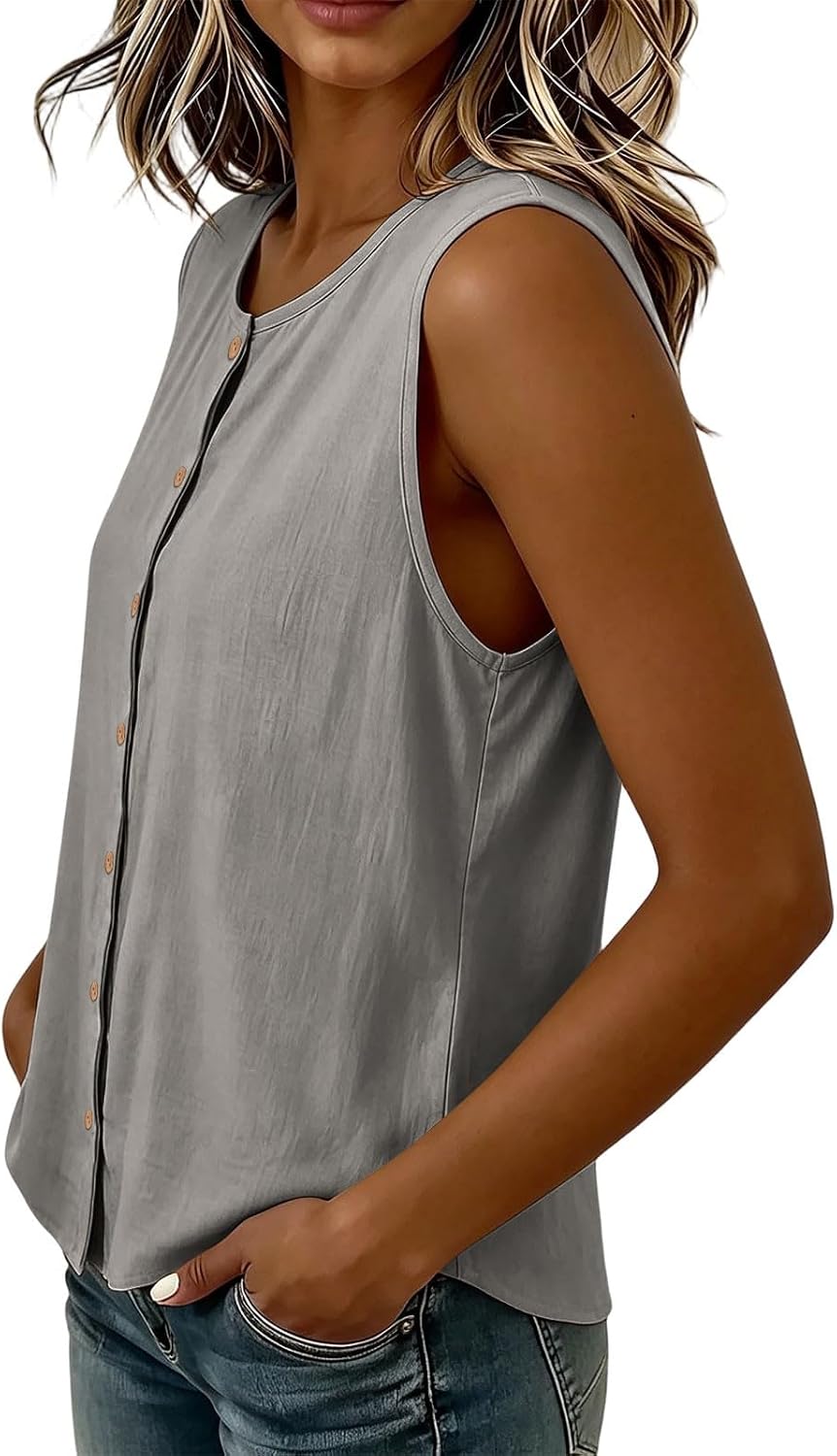 Tank Tops for Women Cotton Button Down Crew Neck Shirts Summer Casual Linen Sleeveless Beach Vacation Gauze Blouse