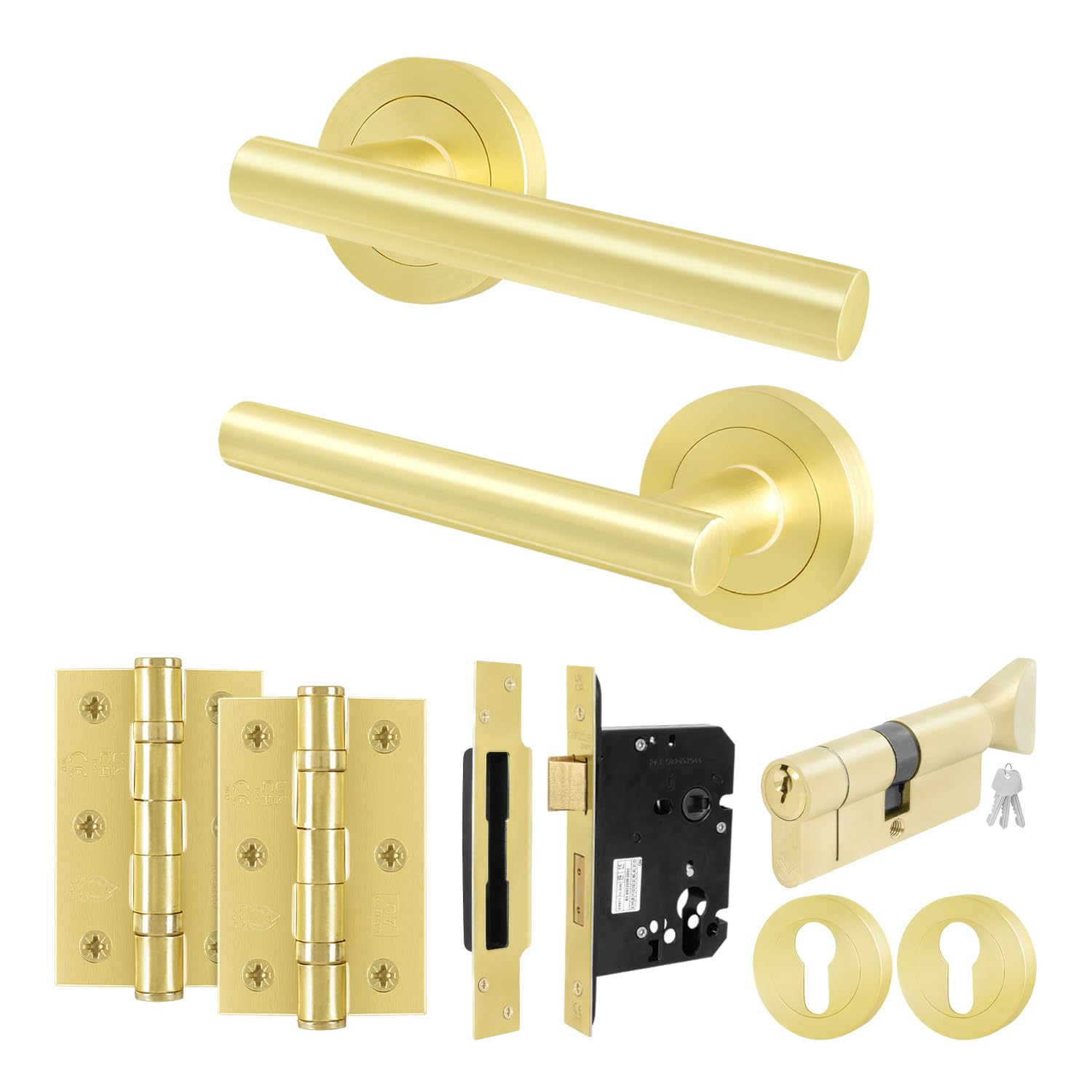 EAI Satin Brass Door Handle Euro Lock Turn Cylinder Kit - Oliena