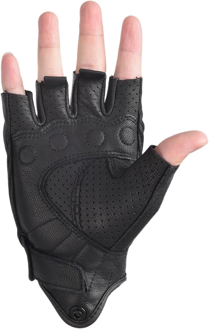 Fingerless Leather Gloves for Men Black Breathable Leather Riding Perforated Motorcycle Gloves Summer Driving Cycling Half Finger - Image 5