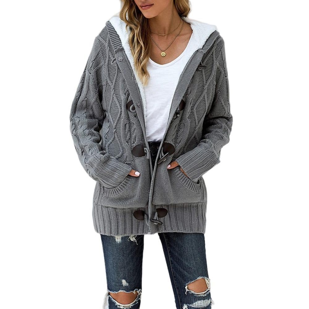 Grobe Strickjacken Mit Kapuze Für Damen Grau Mit Zopfmuster Fleece Gefüttert Strickjacken Offene Vorderseite Hornschnalle Damenpullover Mantel Warme Winterjacke Strickpullover Oberbekle
