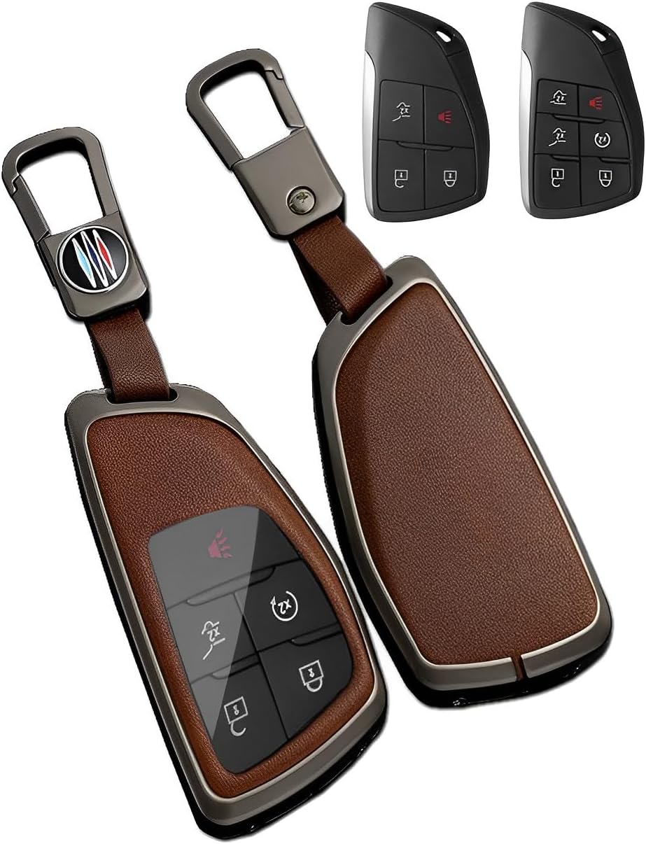 for Chevy GMC Key Fob Cover Case Metal Shell Car Smart Keys Keychain Compatible 2021 2022 2023 Chevrolet Sierra Silverado Buick (P-XFLGqz-Brown)