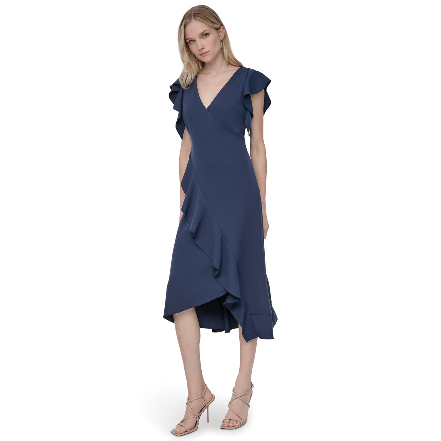 DKNY Women's Ruffle Cap Sleeve Surplice Neck Fit and Flare Midi Dress