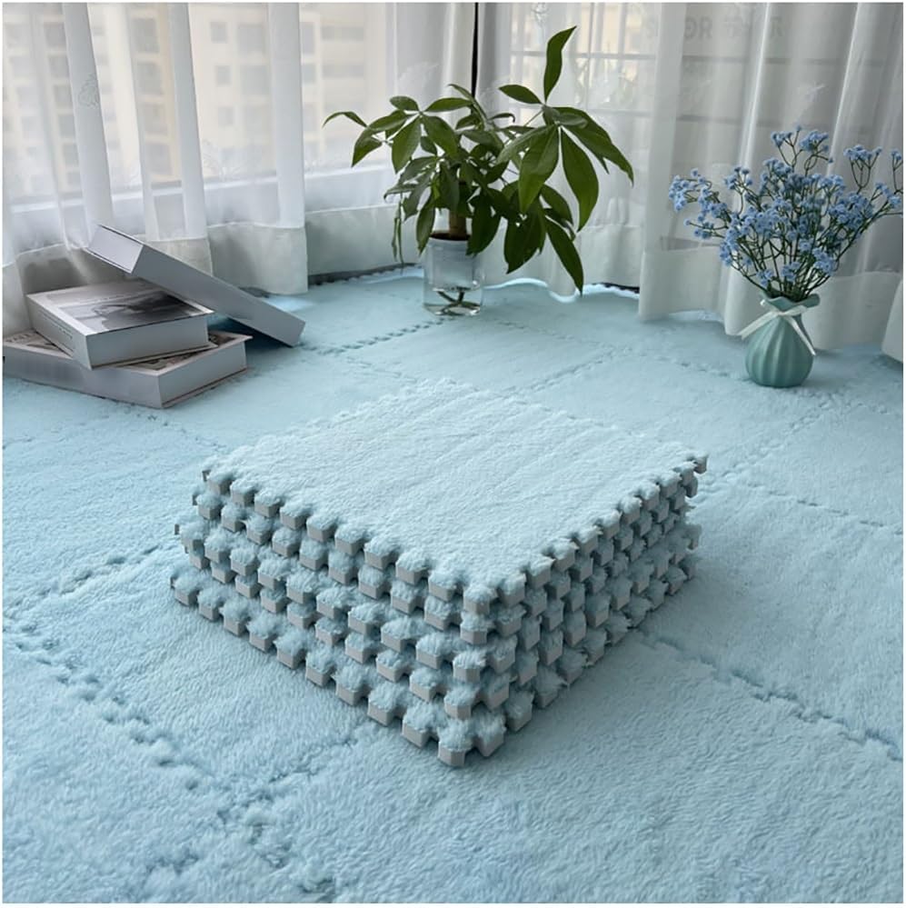 15 Pcs Interlocking Carpet Plush Foam Shaggy Soft Square Carpet Tiles with Border Fluffy Colorful Floor Mats Puzzle Playroom Area Rug Playmat for Bedroom(Blue,32pcs)