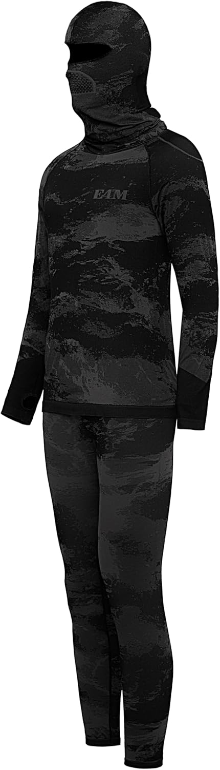 E4M Men’s Thermals Top and Bottom Set - Men’s Long Johns with Ski Mask, Gray Camo