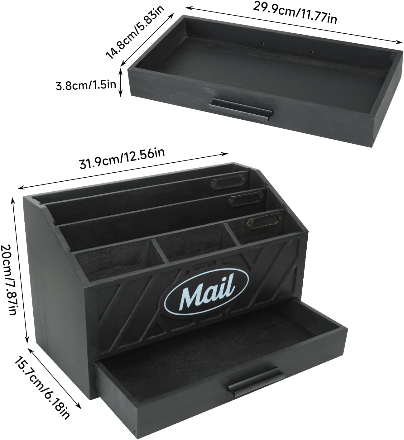 Wood Desktop Mail Organizer, Mail Organizer Countertop with 6 Compartments and Drawer, Wood Mail Holder Office Accessories for File Letter Paper Folder, Black