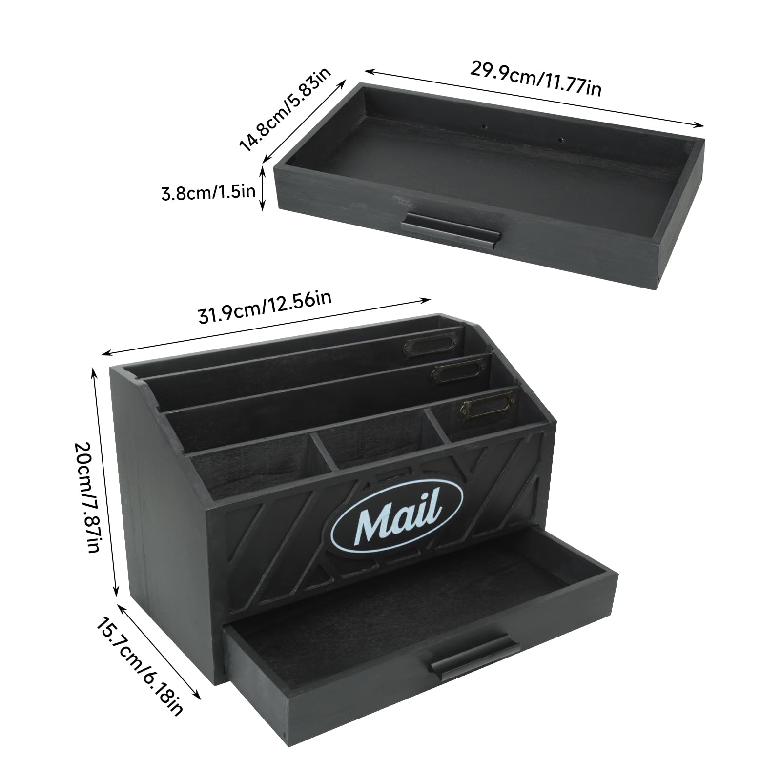 Organizzatore di Posta da Scrivania in Legno con 6 scomparti e cassetto, Organizzatore per Cartelle di Carta e Lettere, Organizer per Cartelle per Scrivania per Lettere Cancelleria, Nero