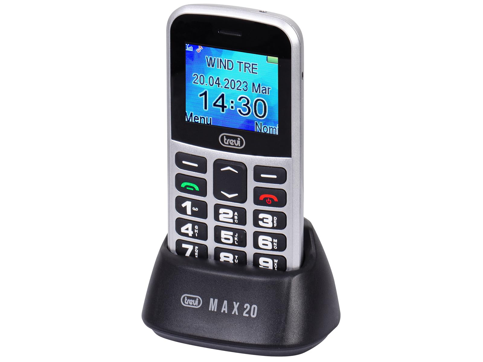 Trevi MAX 20 Telefono Cellulare Essenziale con Grandi Tasti Retroilluminati, Funzione SOS e Ripetizione Vocale, Senior Phone Semplice e Affidabile per Uso Quotidiano, Base di Ricarica, Grigio