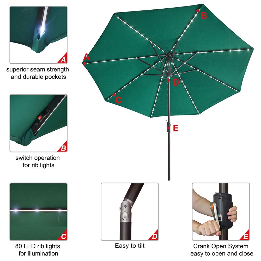 Amazon Com Eliteshade Sunbrella Solar Umbrellas 9ft Market Umbrella With 80 Led Lights Patio Umbrellas Outdoor Table Umbrella With Ventilation And 5 Years Non Fading Top Forest Green Garden Outdoor