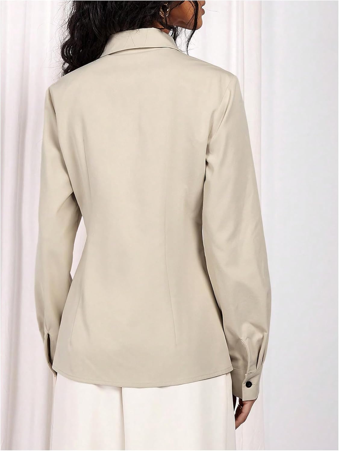 Floerns Women's Elegant Button Up Shirts Lapel Collar Long Sleeve Work Blouse Tops - Image 2