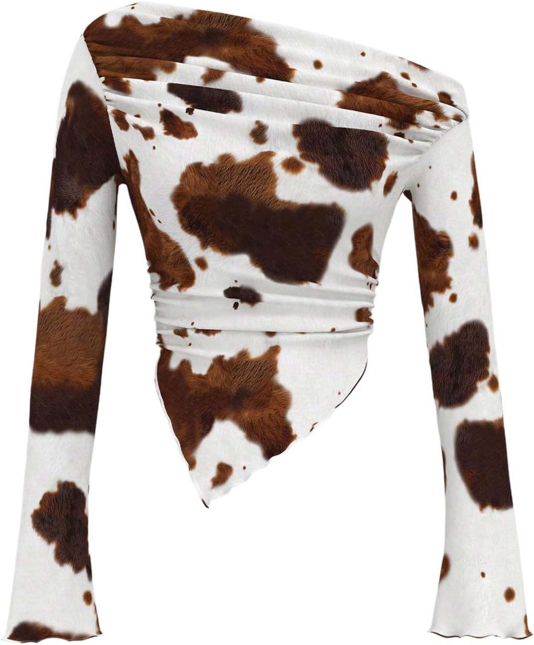 WDIRARA Women's Cow Print One Shoulder T Shirt Y2k Long Bell Sleeve Tees Ruched Asymmetrical Crop Tops